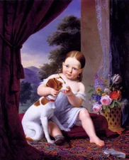 Oil painting antoine chazal - les deux amis the two friends little girl with dog
