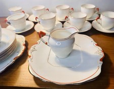 28 Piece Vintage Tea Set Art Deco Sutherland  Bone China Orange Gilt & White VGC