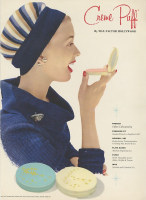 1956 MAX FACTOR HOLLYWOOD Creme Puff Powder Make-Up vintage print ad