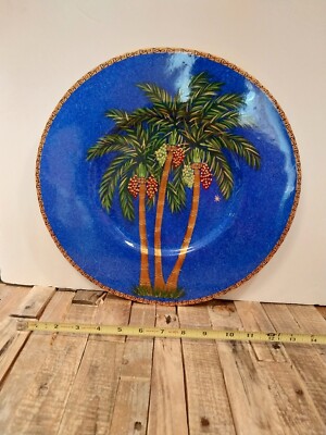 Signed Bibi Leon Hand Crafted Painted palm trees MahoganyWood Charger Plate Tray