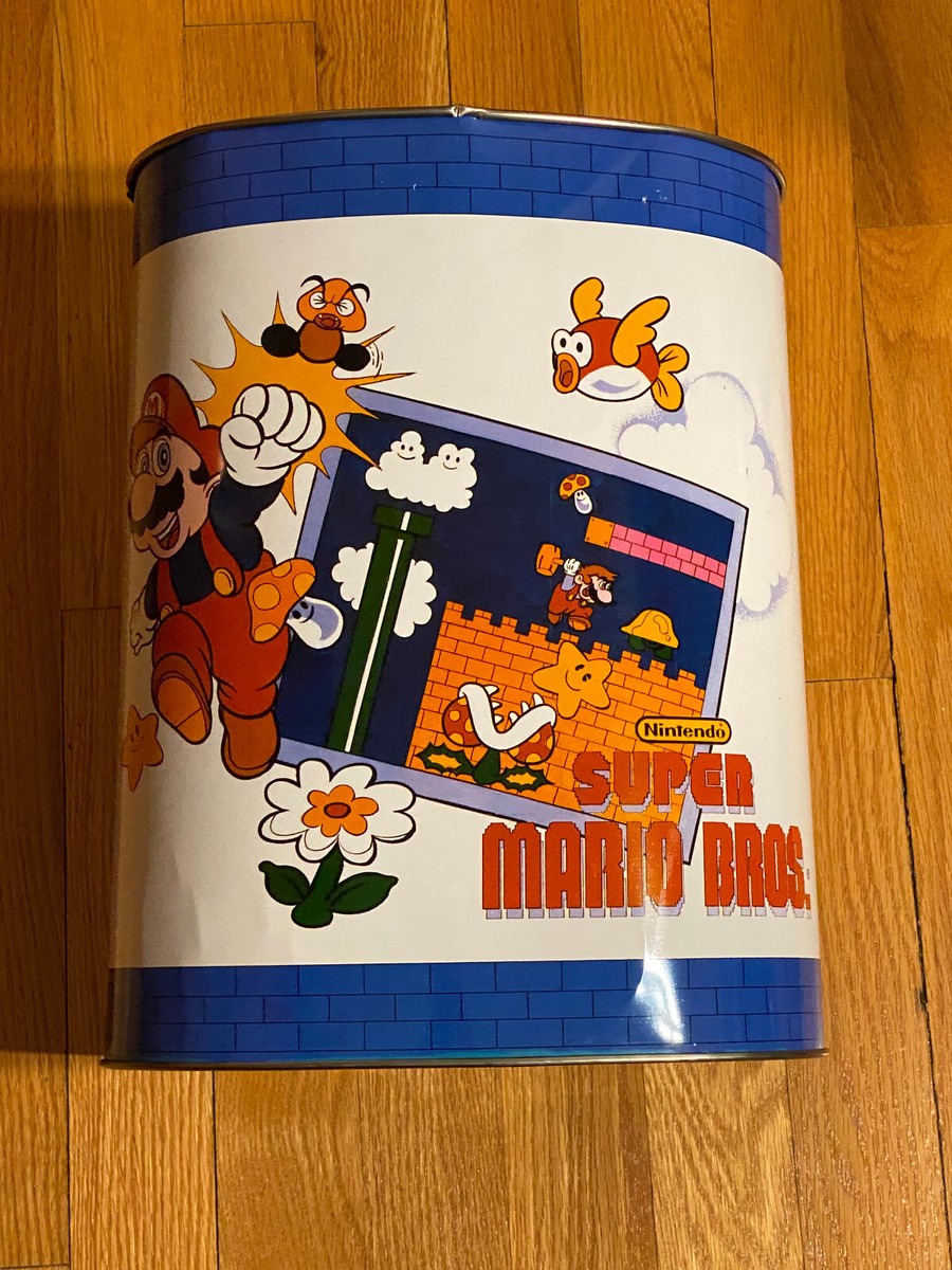 SUPER MARIO BROTHERS 1988 NINTENDO METAL TRASH CAN GARBAGE - RARE