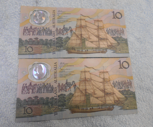 #T66. CONSECUTIVE PAIR $10 POLYMER 1988 ABORIGINAL NOTES #AB 12942673 & 4 - Bild 2 von 2