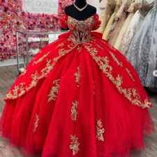 Red Quinceanera Dresses with Bow Gold Appliqued Sweet 15 16 Prom Ball Gowns
