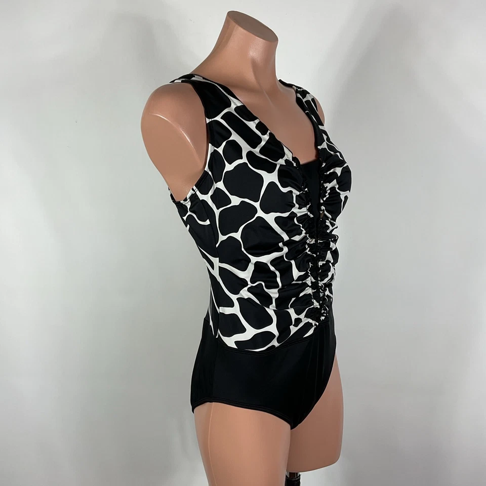 Traje de baño vintage de una pieza con estampado animal de longitud de los 90 blanco negro talla 10 Foto 4 de 4