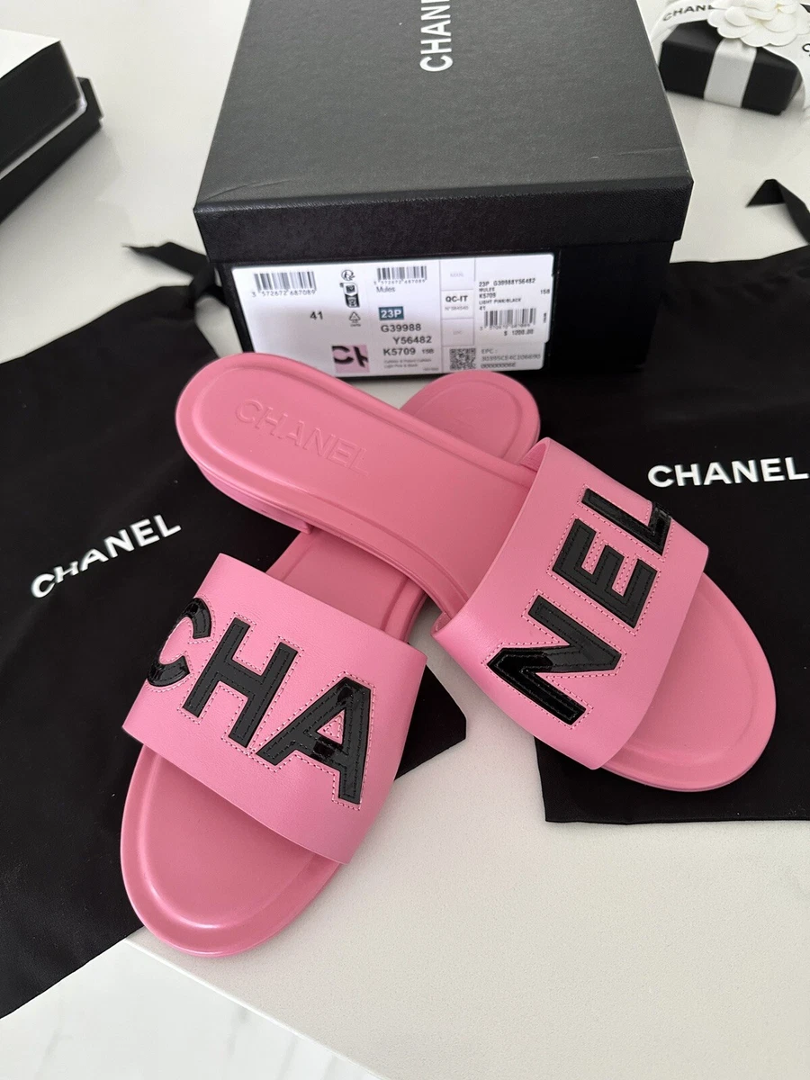 NIB CHANEL 2023 23P PINK BLACK LEATHER SLIDES FLATS MULES SANDALS 41