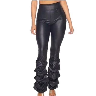 Faux Leather Stacked Ruched Black Pants Size Large NWOT