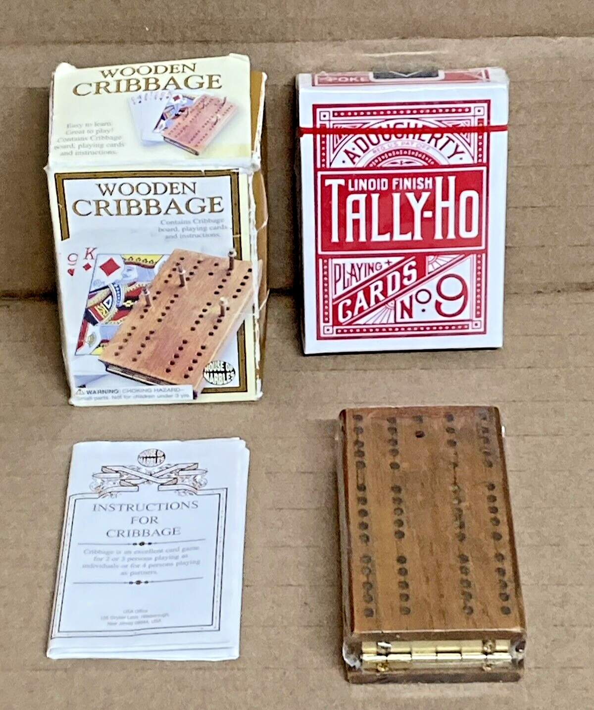 Wooden Cribbage Travel Size Board Pegs Cards House Of Marbles Mini Vintage Games-image