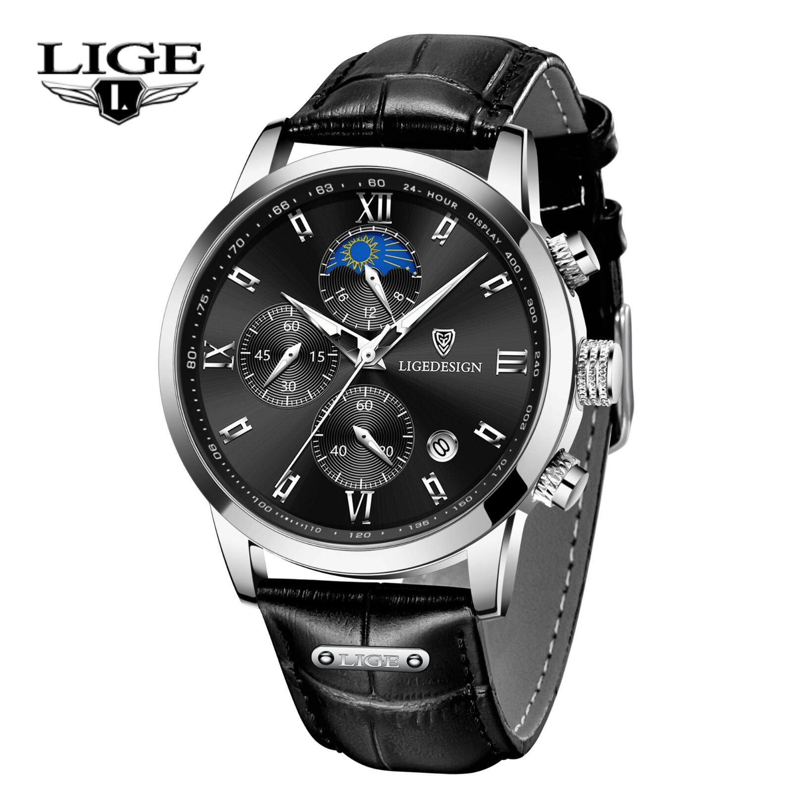 Montre homme LIGE quartz étanche en acier noir avec aiguilles lumineuses