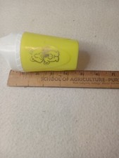 vintage sippy cups for toddlers, yellow w/gold bear, white cap, snaps on, 4x2.5
