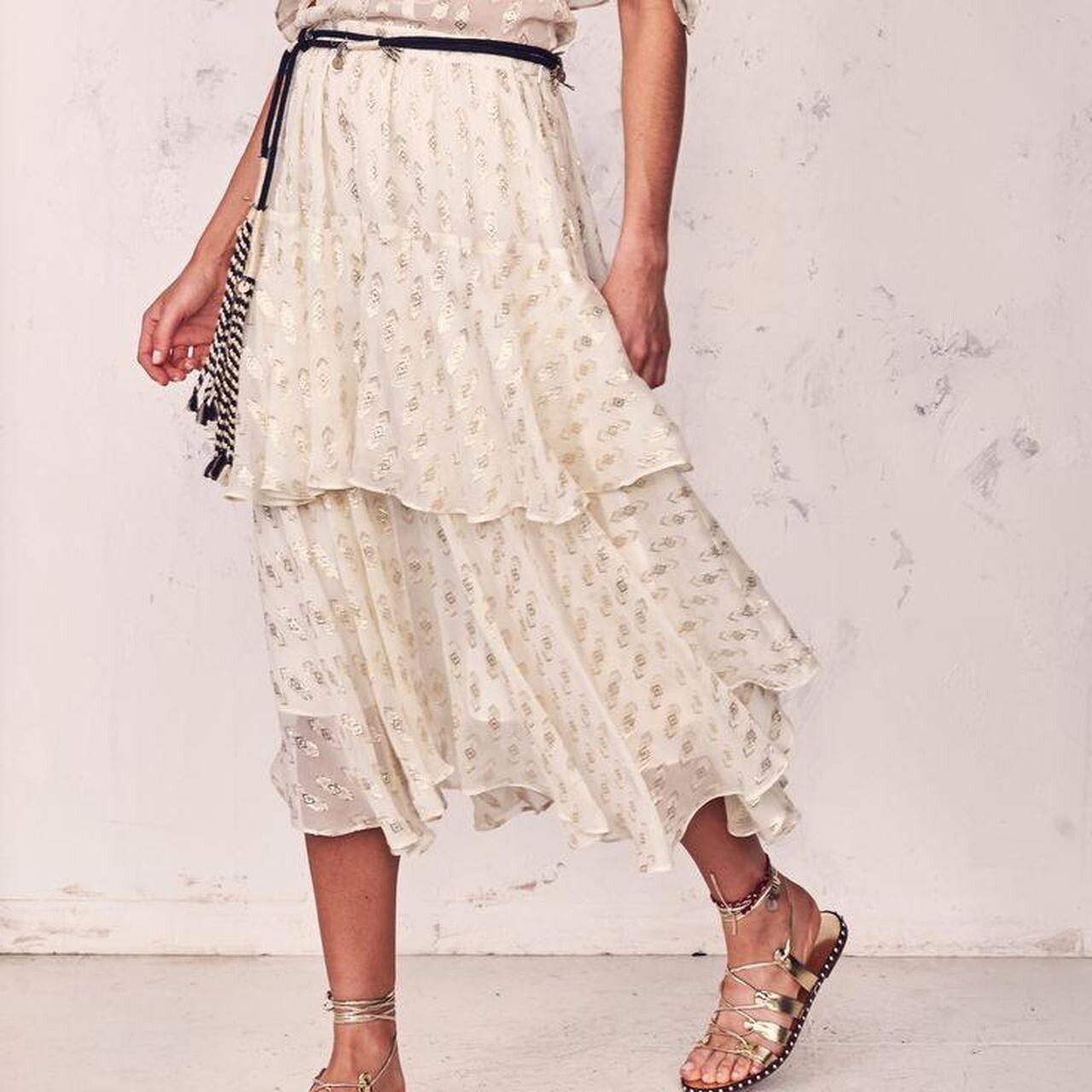 LOVESHACKFANCY Women Skirt 85% Silk Ruffle Midi Beige Gold Large 12-14 $420.00