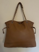 Tory Burch Bark Brown Pebbled Leather Marion Slouchy Tote 595 Gold Chain Bag