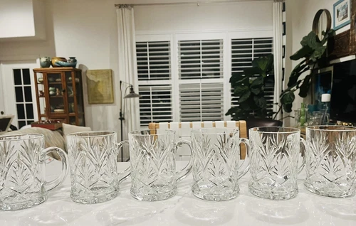 Set of 6 Paul Sebastian Lead Crystal Coffee Mugs-Fan Criss Cross-France Vintage