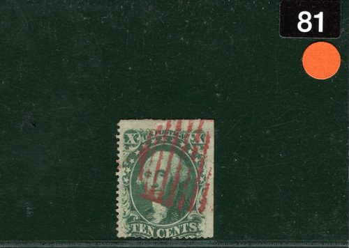 USA Classic Stamp Scott.35 10c Green TYPE V (1859) Used RED BARS Cancel ORANGE81 - Picture 6 of 6