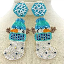 Snowman Inside Christmas Stocking Seed Bead Earrings 1.5x3.75in