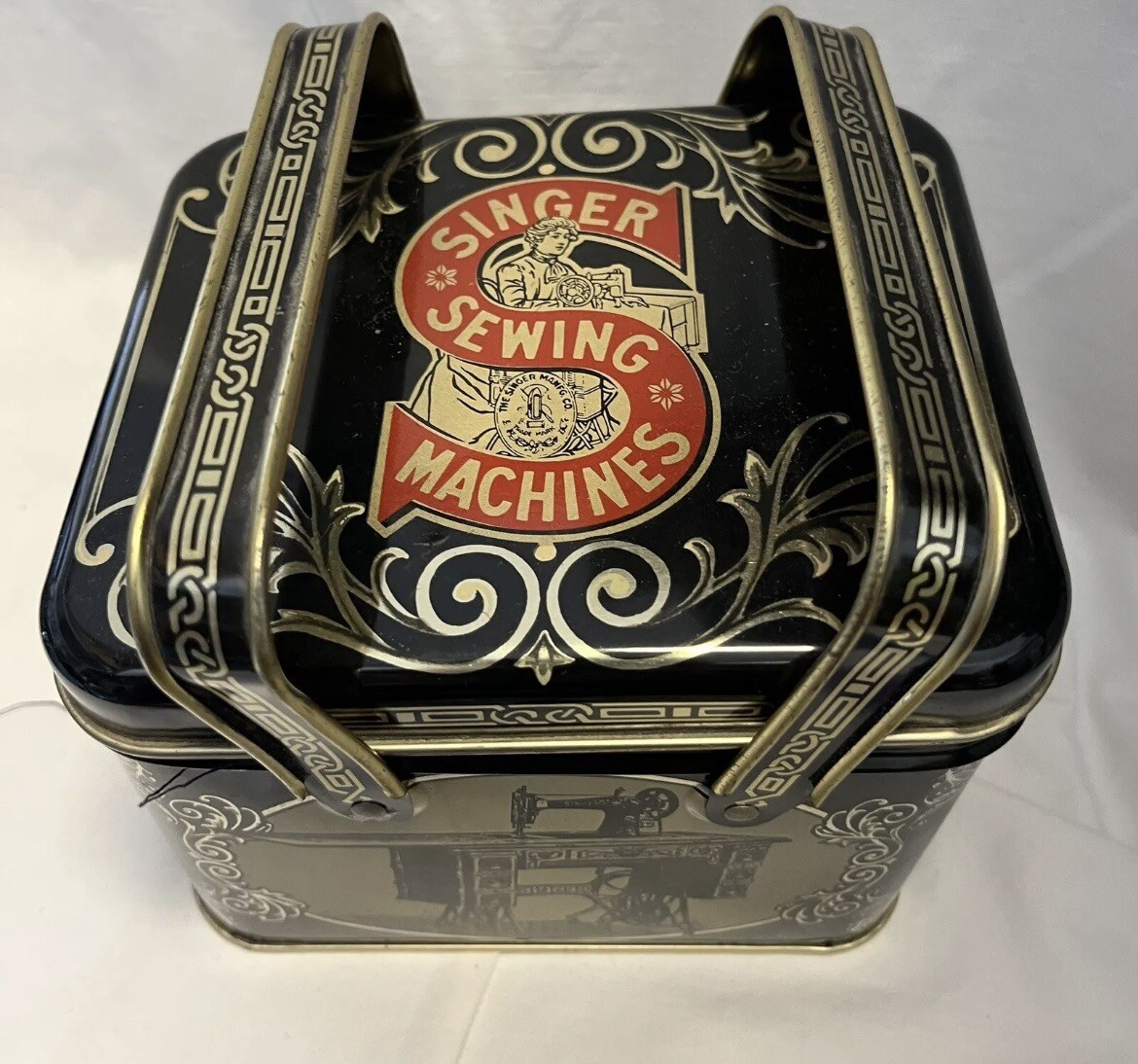 Vintage Black Metal Singer Sewing Box Double Handle Storage And Buttons