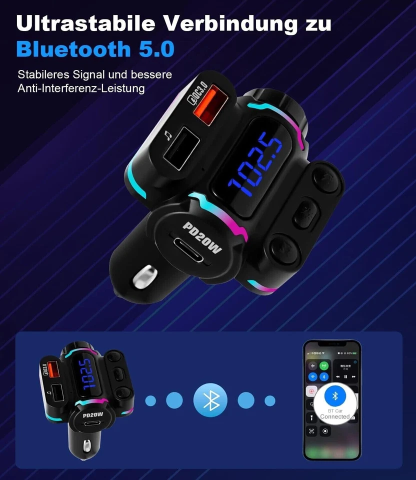 FM Transmitter Bluetooth für Auto Radio Adapter Schnellladegerät Universal F212 - Bild 3 von 4