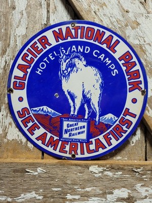 VINTAGE GLACIER NATIONAL PARK PORCELAIN SIGN OLD GREAT NORTHERN RAILWAY TRAIN 12