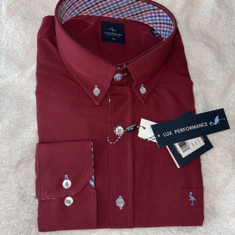 NWT Tailorbyrd Men’s Burgundy Performance Long-sleeve Button-down Shirt Size XL