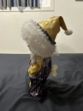 VTG Musical Wind Up gold with stripes Standing Clown Doll with Moving Head