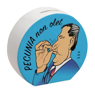 Pecunia non olet Spardose in Blau zum Thema Geld