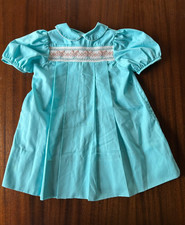 Vintage Hand Smocked Girls Dress Blue with Bunny Faces Size 3 Collar Puff Sleeve