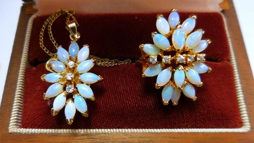 Vintage 1960's Sterling Gold Vermeil Marquise Opal CZ 3 pc. Set