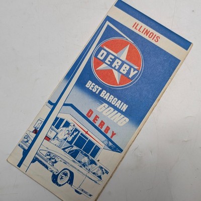 1970 Illinois Derby Gas Station Road Map Rand McNally Chicago St Louis Adv Vtg