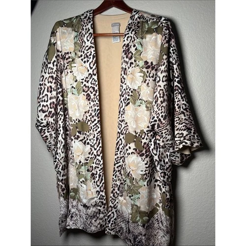 Chico's Floral & Leopard Open Kimono in Beige, Olive & Cream XL - product listing photo