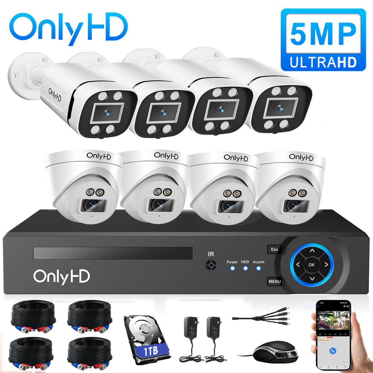 OnlyHD CCTV 5MP Security Camera System 8CH DVR Home Surveillance Outdoor 1tb