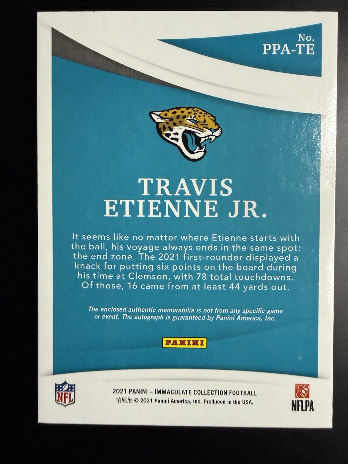 2021 Panini Immaculate Patch Auto RC PPA-TE Travis Etienne Jr /25  Saints Mint view 5