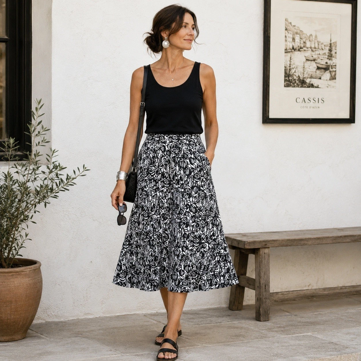 Emma James Black White Floral Seersucker Midi Skirt Sz 10 Artsy Cottagecore