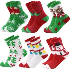 6 Pairs Adult Christmas Holiday Socks - Warm, Cozy Fuzzy Socks with plus Size an