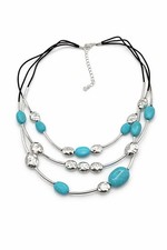 Faux Turquoise Multi Strand Necklace Silver Tone Layered Statement Adjustable
