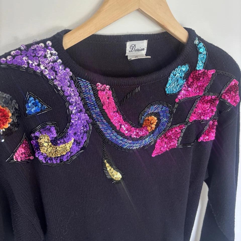 Vestido Suéter Darián Años 80 De Colección Talla Med Negro Estrás Lentejuelas Adorno Foto 2 de 4