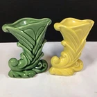 Vintage 1950's Shawnee Pottery Cornucopia Vases USA 835 Green & Yellow 5" Tall