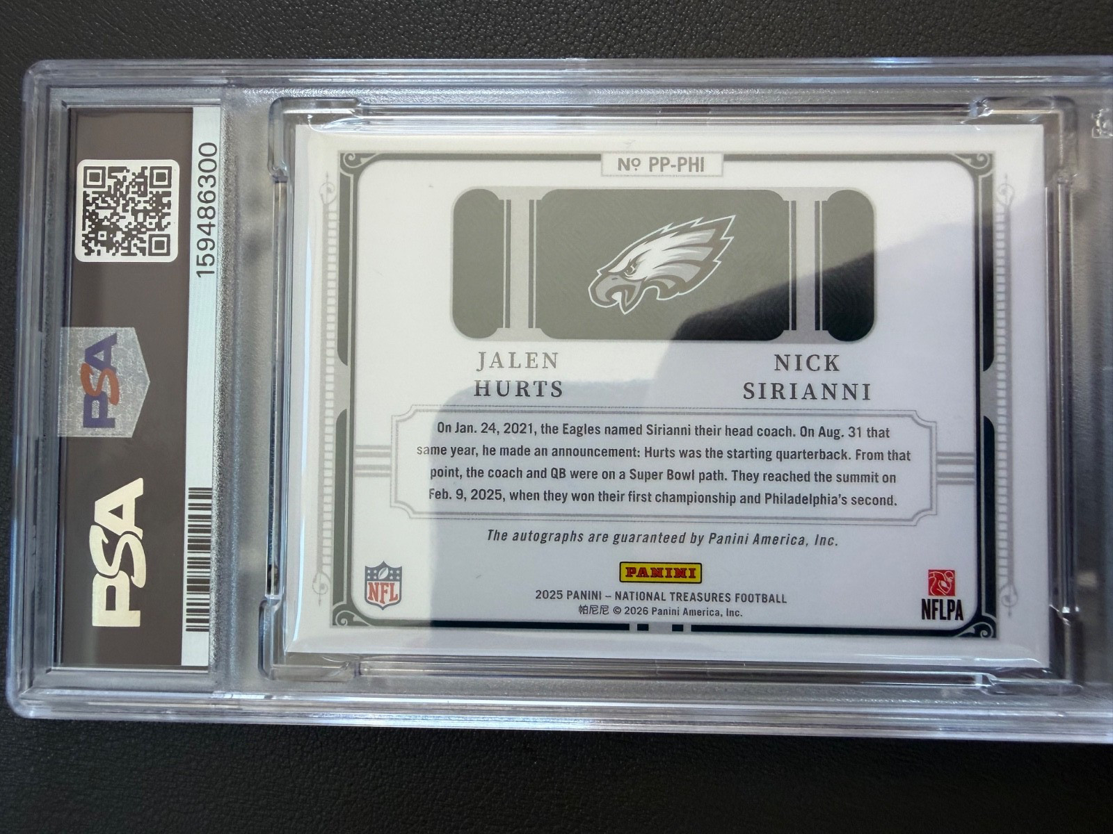 2025 National Treasures Jalen Hurts Nick Sirianni Pairings Auto SP /25 PSA 9 view 2