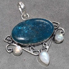 Long Blue Apatite Rainbow Moonstone 925 Silver Plated Pendant 2