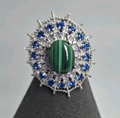 Karis Stainless Steel Silver Tone, Green Purple Blue Stone Spiderweb Ring 