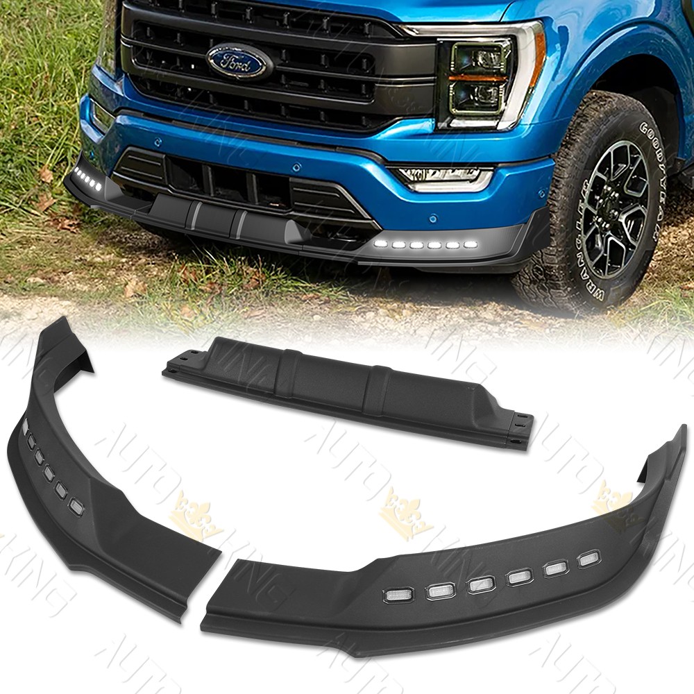 FOR 21-23 FORD F150 BLACK FRONT BUMPER LIP LED SEQUENTIAL RUNNING LIGHT SPOILER