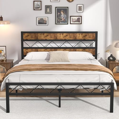 Rustic Vintage Queen Metal Platform Bed Frame with Wooden Headboard