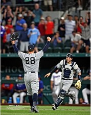 Corey Kluber Yankees Unsigned Celebrating No-Hitter w/Kyle Higashioka Photo