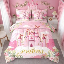 Girls Princess Comforter Set 7 Pieces Reversible,Cartoon Castle Pink Bed Set,...