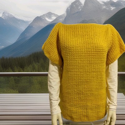 Pullover Pullunder Tunika gelb Gr. M Wolle Gehäkelt Kurzarm Handmade Unikat 