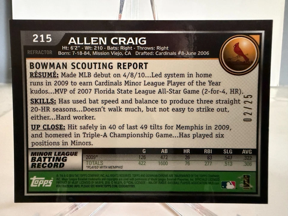 2010 年 Bowman Chrome - Allen Craig #215 橙色折射器 /25 (RC) — 第 3/3 张图片
