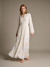 $468 NWOT JOHNNY WAS Floral Embroidery Long Sleeves Maxi Dress Cream Size S