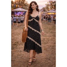 Boho Whimsigoth Fairygrunge Festival CottageBlack Floral Lace Midi Slip M Dress
