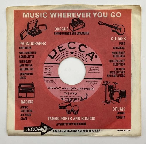 THE WHO "Anyway, Anyhow, Anywhere / Anytime You Want Me" 45 Decca PROMO
