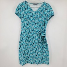 Lands End Womens Small Teal Blue Palm Leaf Tropical Side Tie V-Neck Dress Boho
