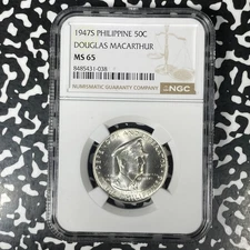 1947-S Philippines MacArthur 50 Centavos NGC MS65 Lot#G1371 Silver! Gem BU!