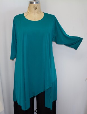 Coco & Juan Lagenlook Plus Size E Green Traveler Knit Asymmetric Top 1X 2X B 50''